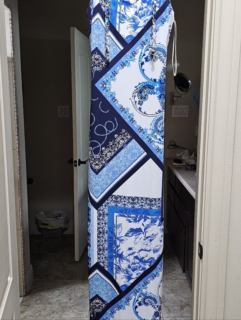 Cache Blue and White Paisley Panel Maxi Dress